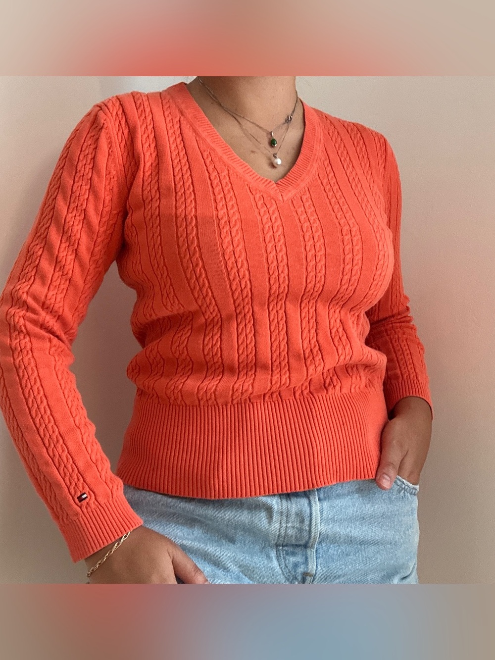 Tommy Hilfiger Orange Cable Knit V-Neck Sweater